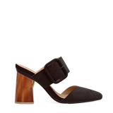 Flare Block Heel Kit 4 Wood shown on the Valerie Chocolate Suede upper. Pashion convertible heels go from heel to flat and are customizable with interchangeable heel kits.