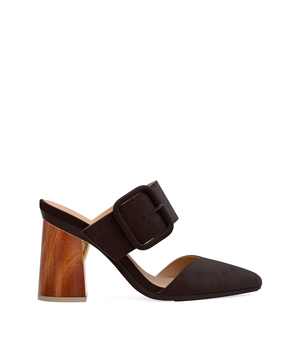 Flare Block Heel Kit 4 Wood shown on the Valerie Chocolate Suede upper. Pashion convertible heels go from heel to flat and are customizable with interchangeable heel kits.