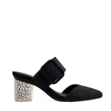 Cylinder Block Heel Kit 3 Cheetah Rhinestone shown on the Valerie Coal Suede upper. Pashion convertible heels go from heel to flat and are customizable with interchangeable heel kits.