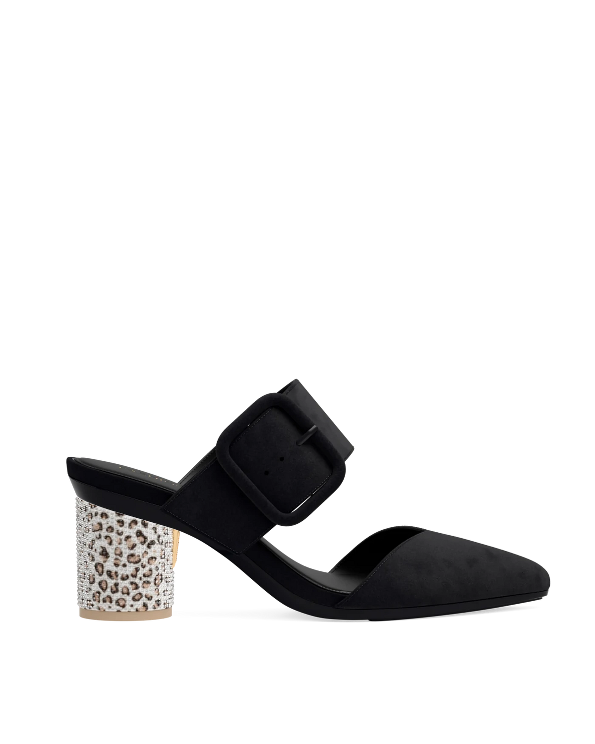 Cylinder Block Heel Kit 3 Cheetah Rhinestone shown on the Valerie Coal Suede upper. Pashion convertible heels go from heel to flat and are customizable with interchangeable heel kits.