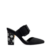 Block Heel Kit 4 Coal Snowflake Embroidery shown on the Valerie Coal Suede upper. Pashion convertible heels go from heel to flat and are customizable with interchangeable heel kits.