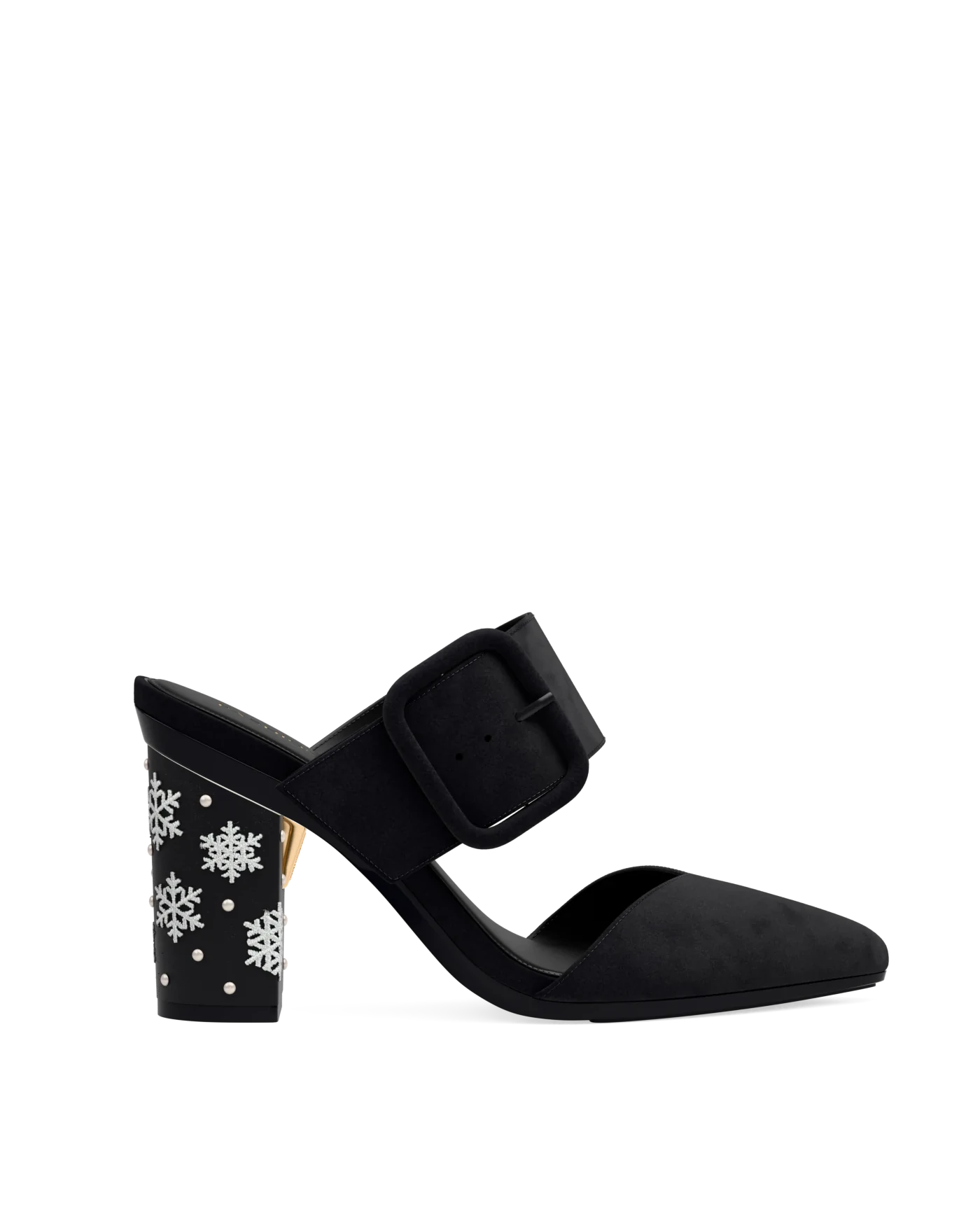 Block Heel Kit 4 Coal Snowflake Embroidery shown on the Valerie Coal Suede upper. Pashion convertible heels go from heel to flat and are customizable with interchangeable heel kits.