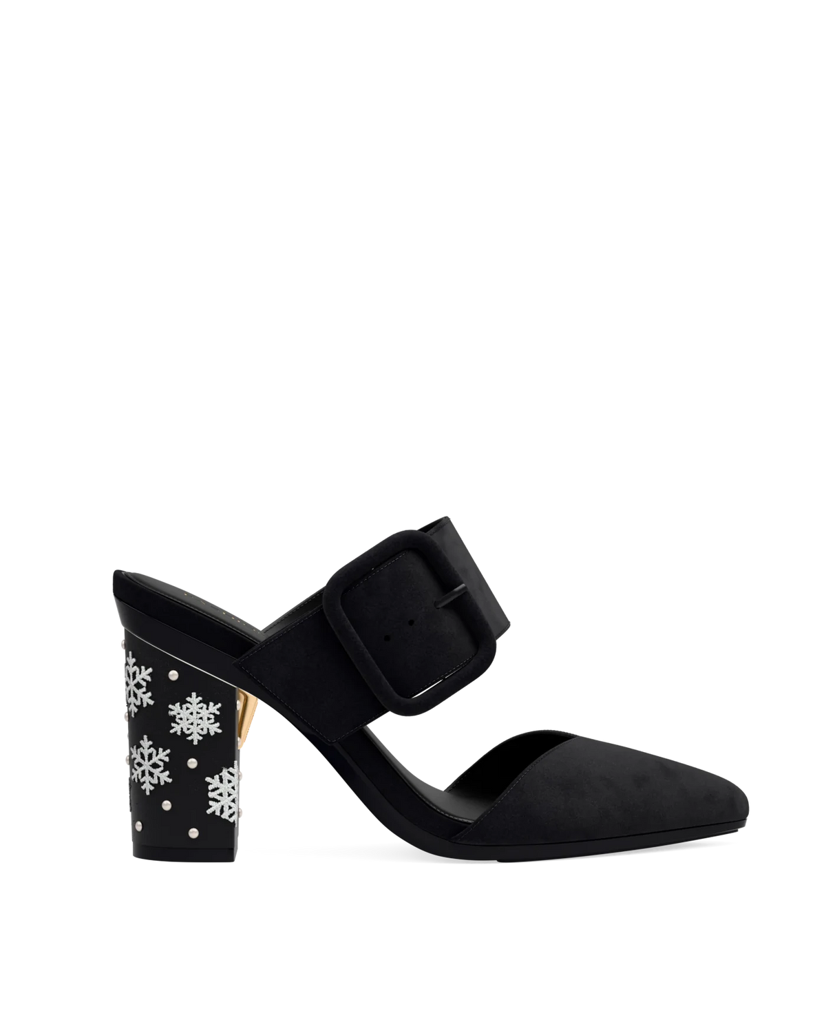 Block Heel Kit 4 Coal Snowflake Embroidery shown on the Valerie Coal Suede upper. Pashion convertible heels go from heel to flat and are customizable with interchangeable heel kits.