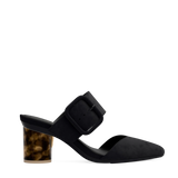 Cylinder Block Heel Kit 3 Tortoise shown on the Valerie Coal Suede upper. Pashion convertible heels go from heel to flat and are customizable with interchangeable heel kits.