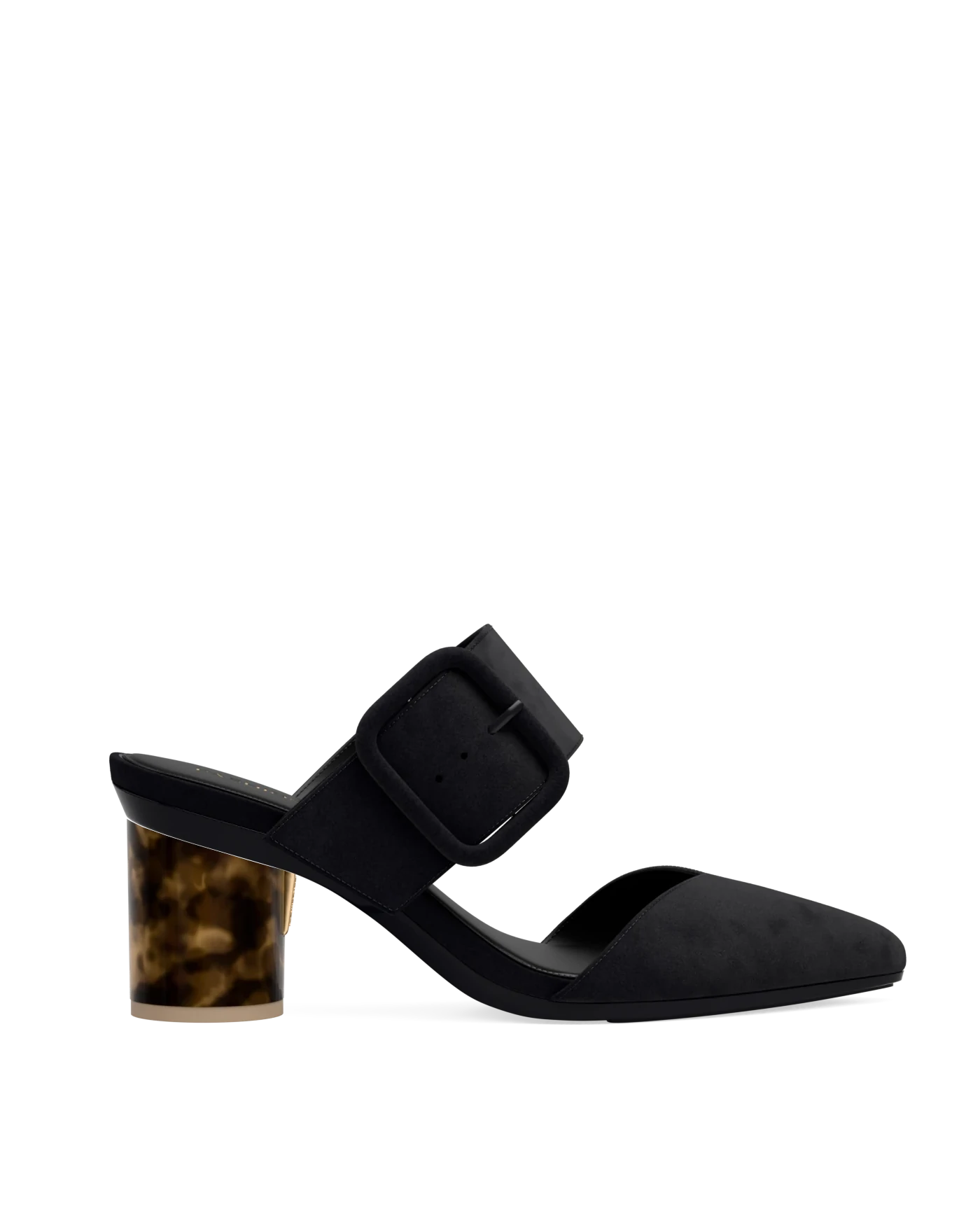 Cylinder Block Heel Kit 3 Tortoise shown on the Valerie Coal Suede upper. Pashion convertible heels go from heel to flat and are customizable with interchangeable heel kits.