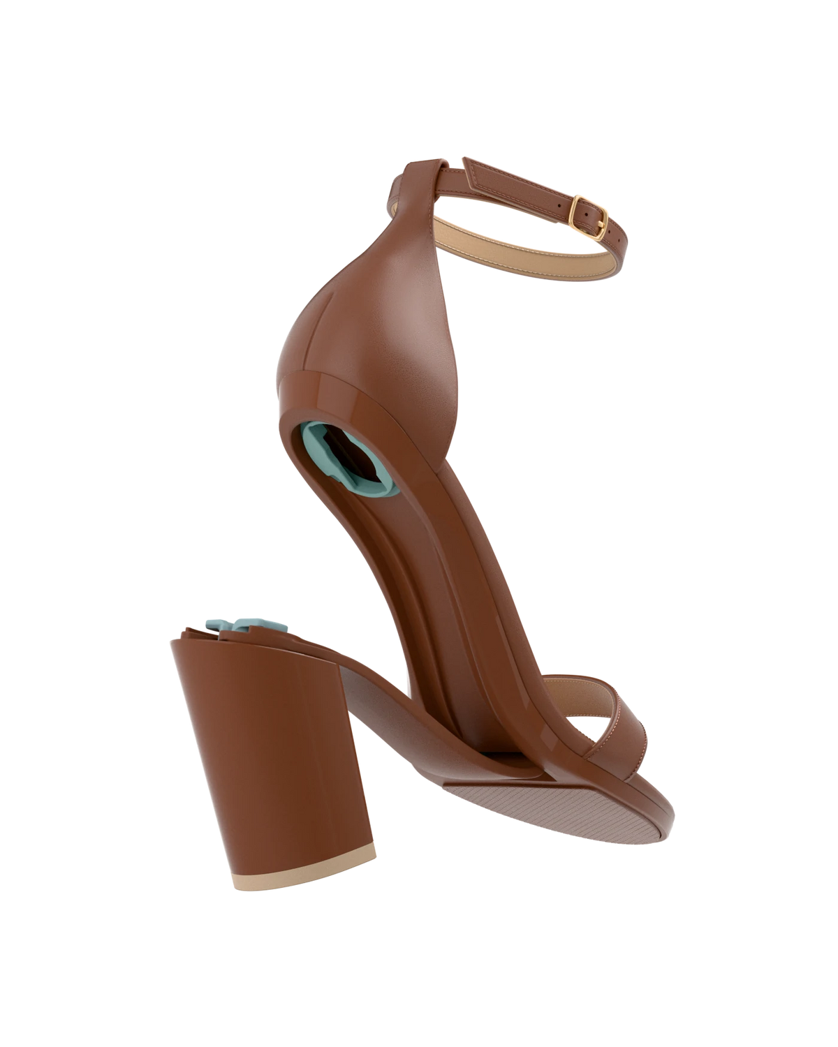 Stelo - Walnut, detail view. Pashion convertible heels go from heel to flat and are customizable with interchangeable heel kits.