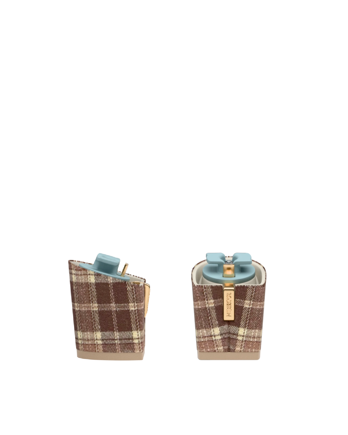 Block Heel Kit 3 Walnut Tartan, 3-inch interchangeable block heel, side view. Pashion convertible heels go from heel to flat and are customizable with interchangeable heel kits.