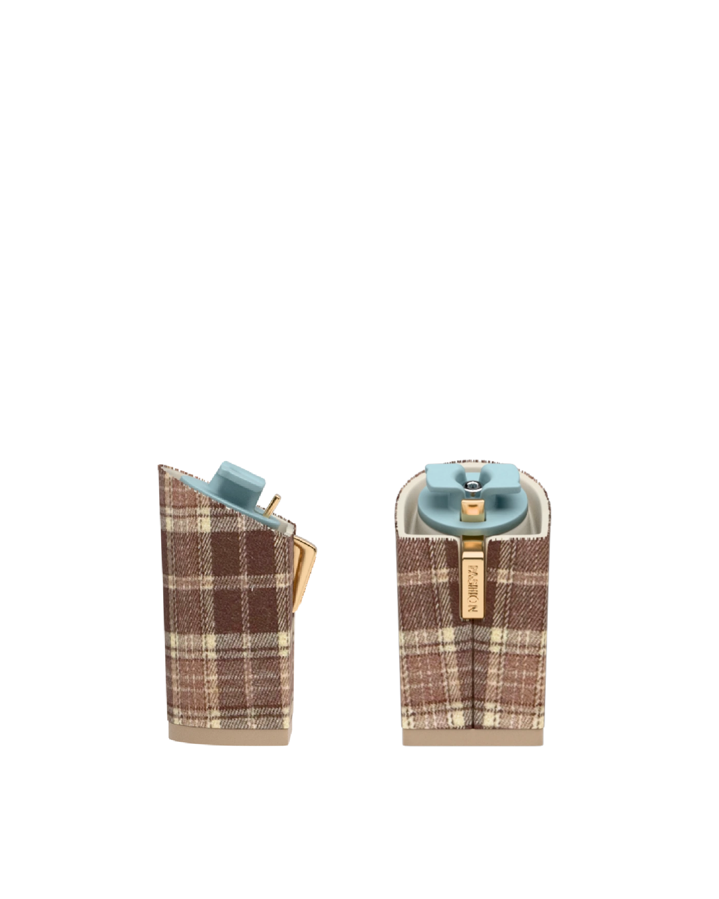 Block Heel Kit 4 Walnut Tartan, 4-inch interchangeable block heel, side view. Pashion convertible heels go from heel to flat and are customizable with interchangeable heel kits.