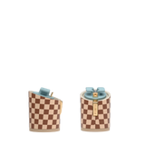 Cylinder Block Heel Kit 3 Checker Walnut & Sand, 3-inch interchangeable cylinder block heel, side view. Pashion convertible heels go from heel to flat and are customizable with interchangeable heel kits.