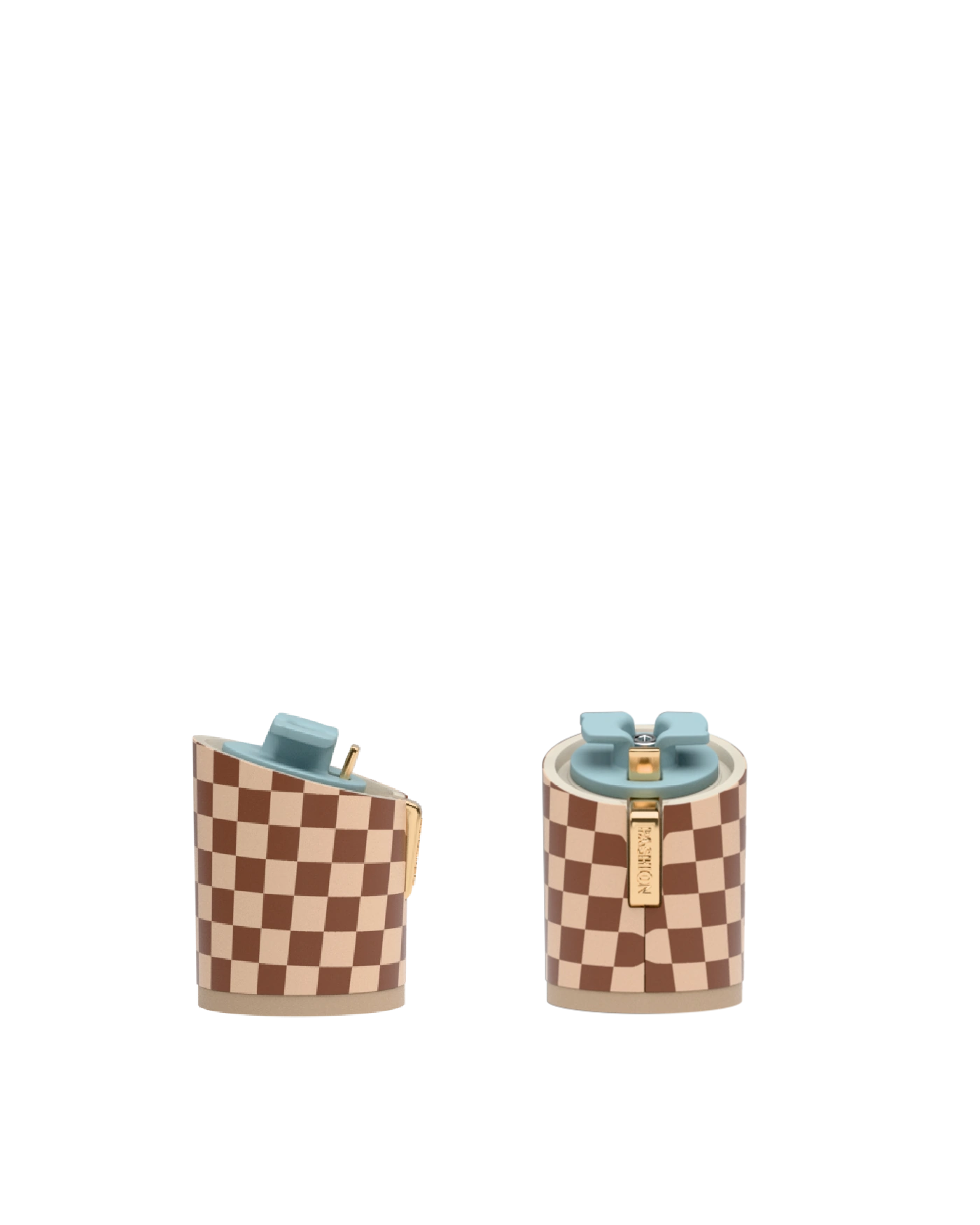 Cylinder Block Heel Kit 3 Checker Walnut & Sand, 3-inch interchangeable cylinder block heel, side view. Pashion convertible heels go from heel to flat and are customizable with interchangeable heel kits.