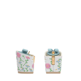 Block Heel Kit 3 White Daisy Embroidery, 3-inch interchangeable block heel, side view. Pashion convertible heels go from heel to flat and are customizable with interchangeable heel kits.