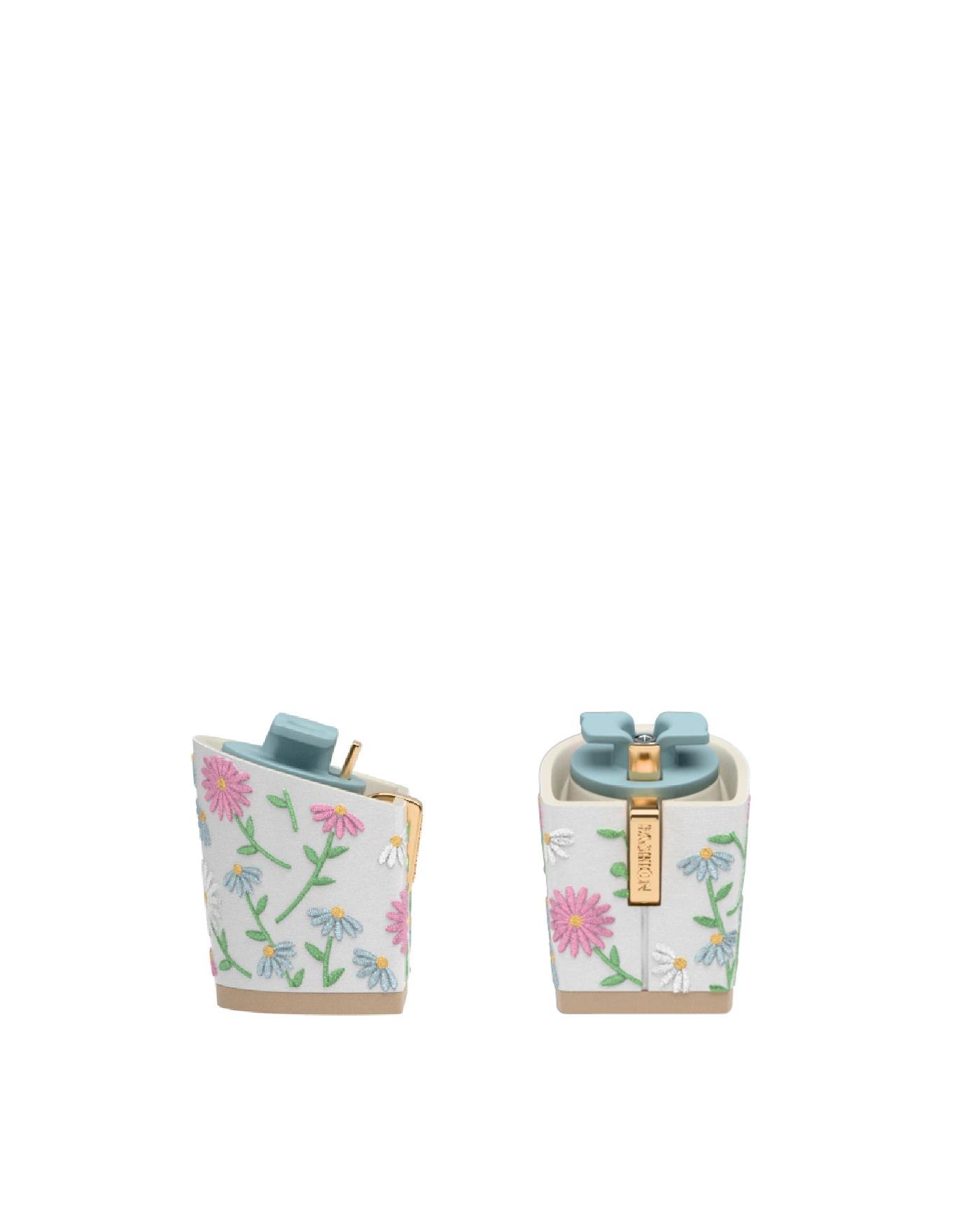 Block Heel Kit 3 White Daisy Embroidery, 3-inch interchangeable block heel, side view. Pashion convertible heels go from heel to flat and are customizable with interchangeable heel kits.