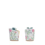 Block Heel Kit 3 White Daisy Embroidery, back view. Pashion convertible heels go from heel to flat and are customizable with interchangeable heel kits.