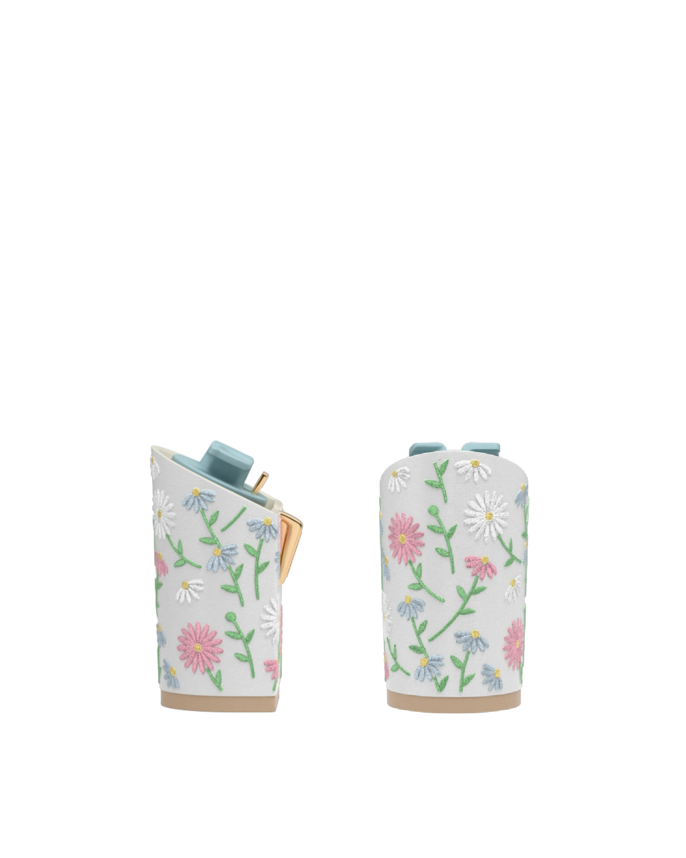 Block Heel Kit 4 White Daisy Embroidery, back view. Pashion convertible heels go from heel to flat and are customizable with interchangeable heel kits.