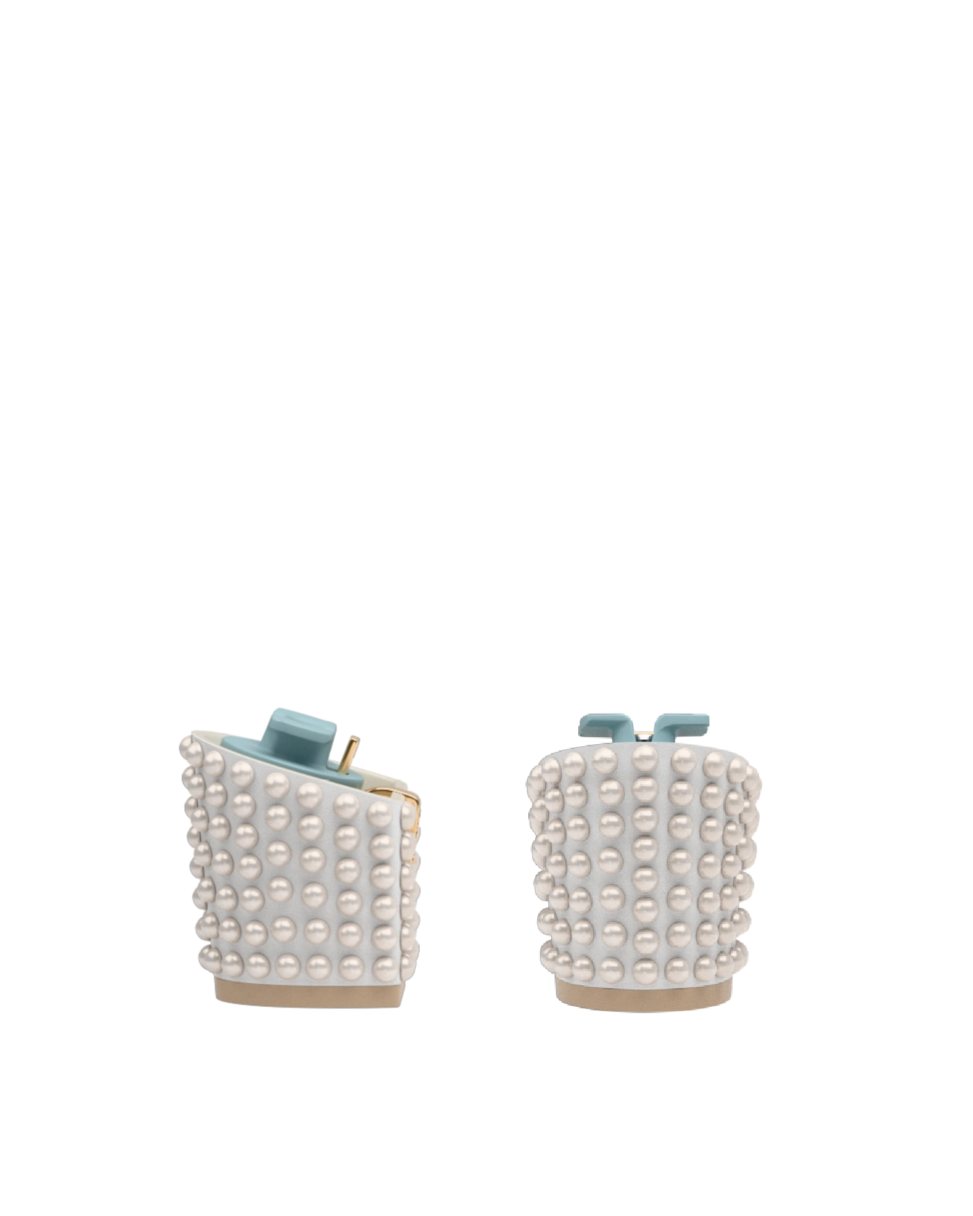 Block Heel Kit 3 White Pearl Drop, back view. Pashion convertible heels go from heel to flat and are customizable with interchangeable heel kits.