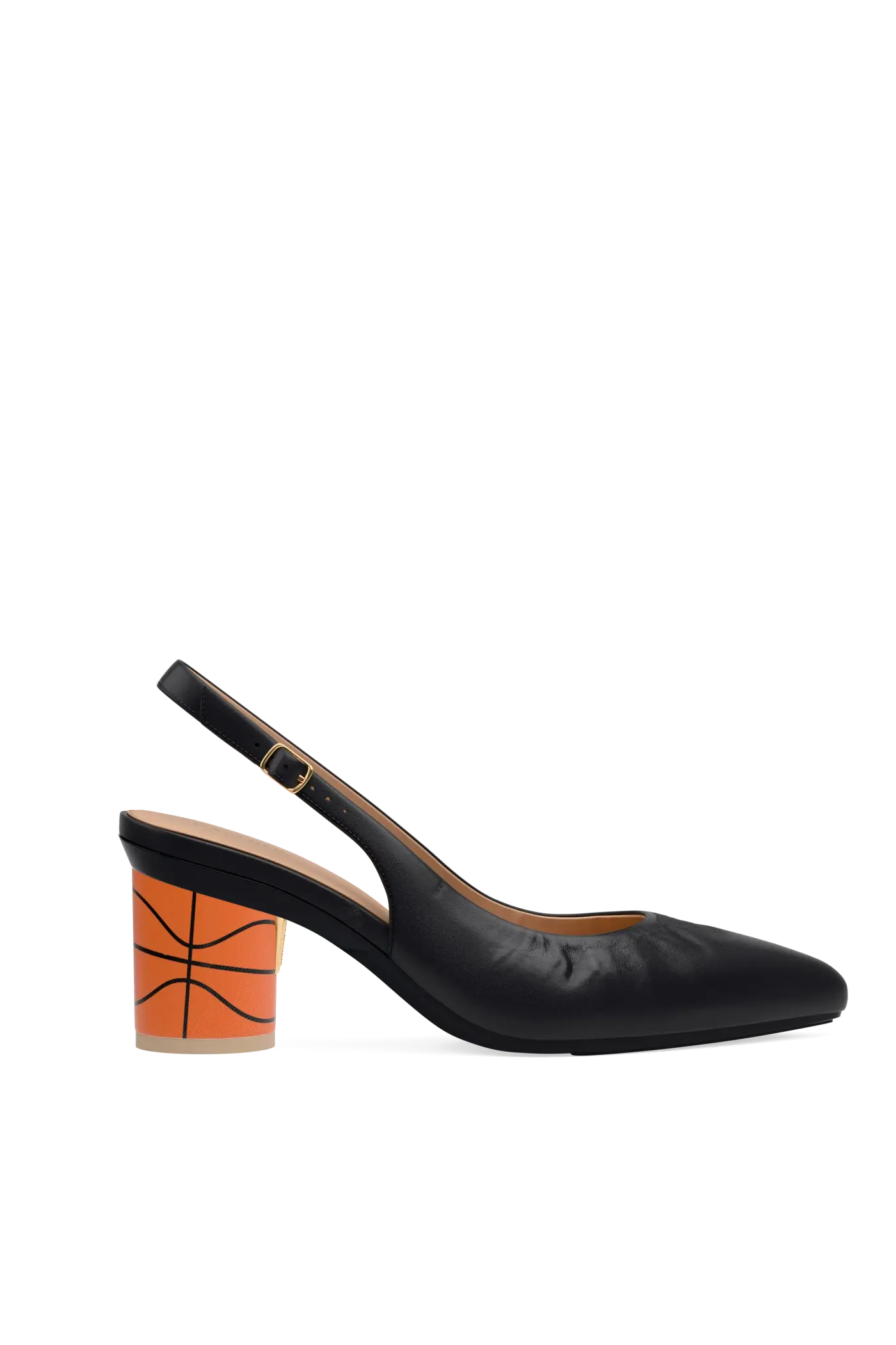 black leather slingback heel with orange basketball pebble leather block
