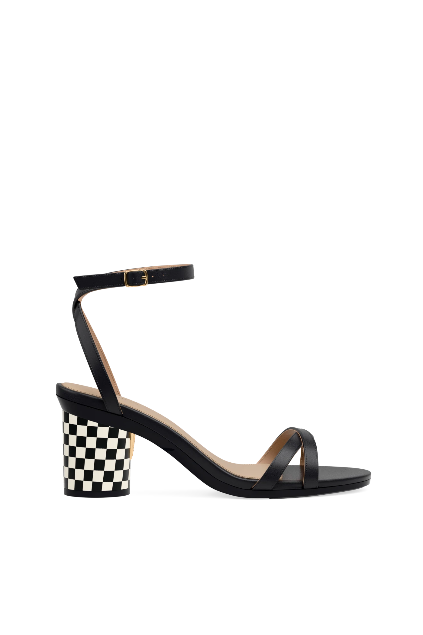 black open toe strappy sandal with checkered white and black block heel