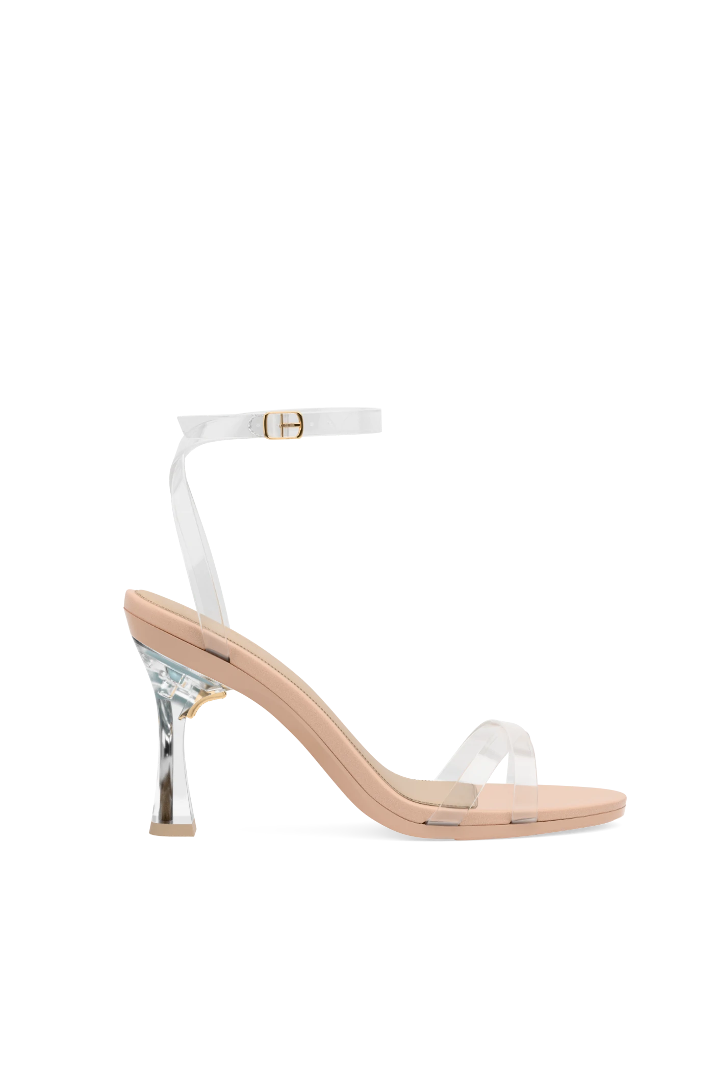 Strappy high-heeled sandal with clear flare stiletto and clear strap