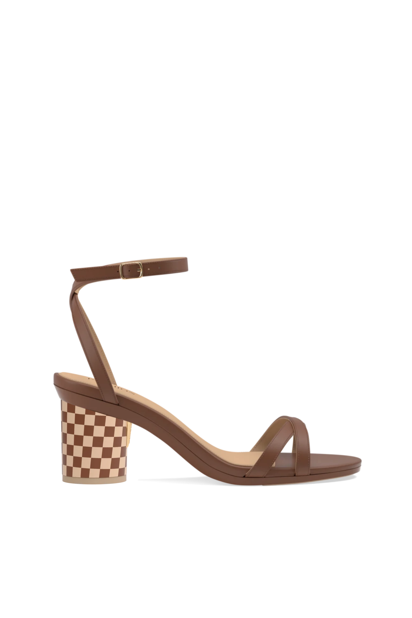 brown open toe strappy sandal with checkered brown and tan block heel