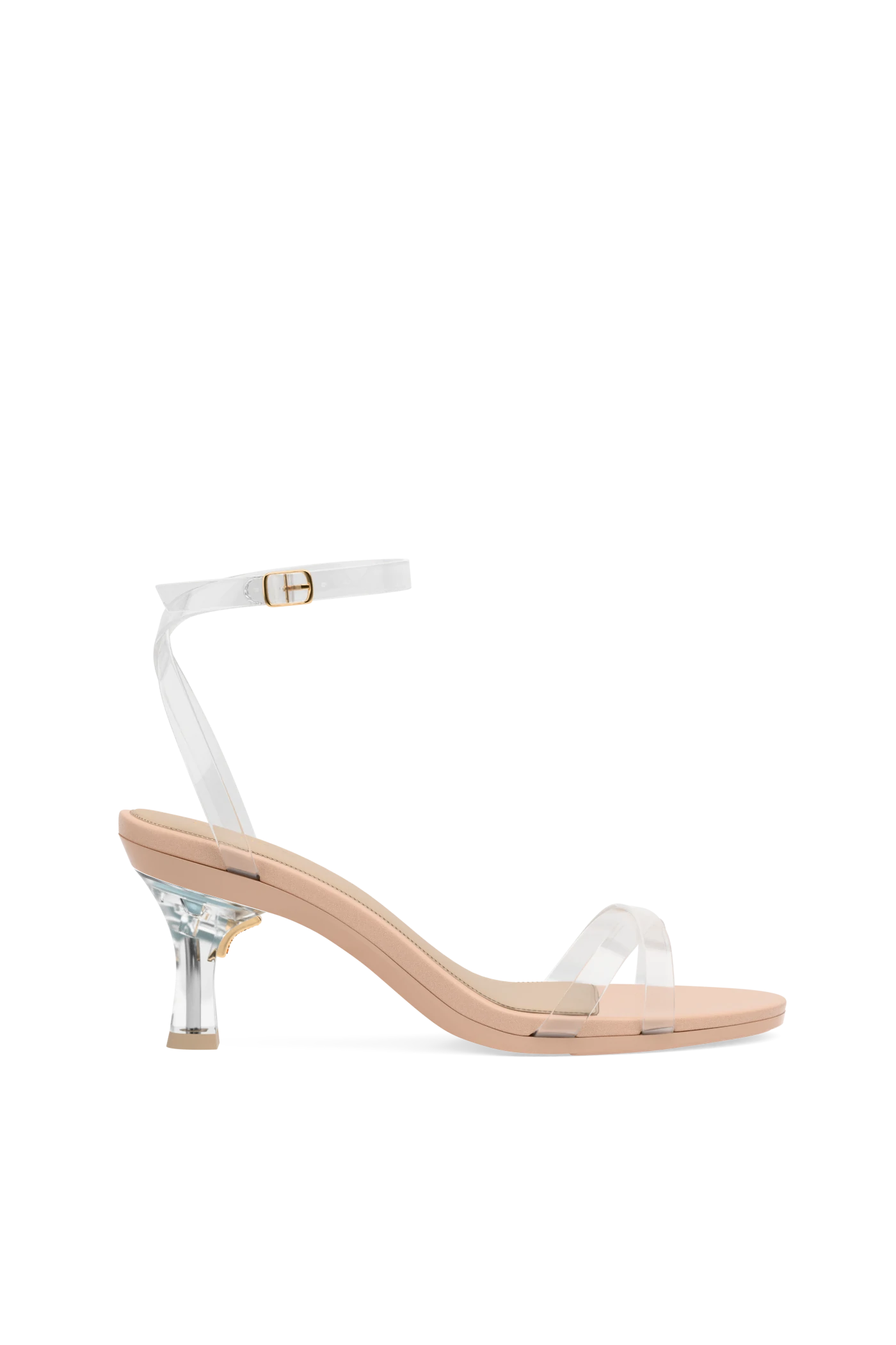 Strappy high-heeled sandal with clear flare stiletto and clear strap