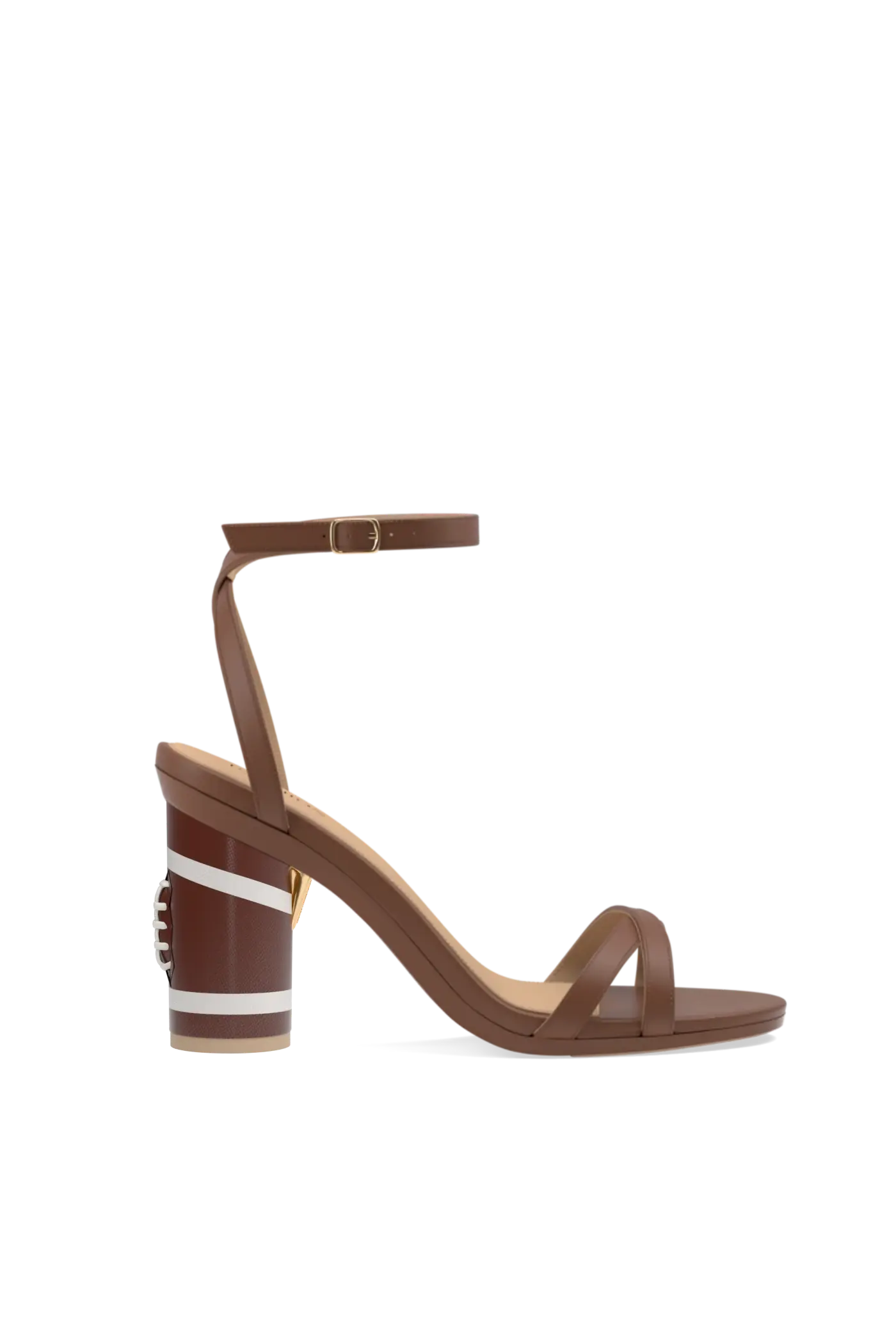 brown open toe strappy sandal with a football pebble leather block heel