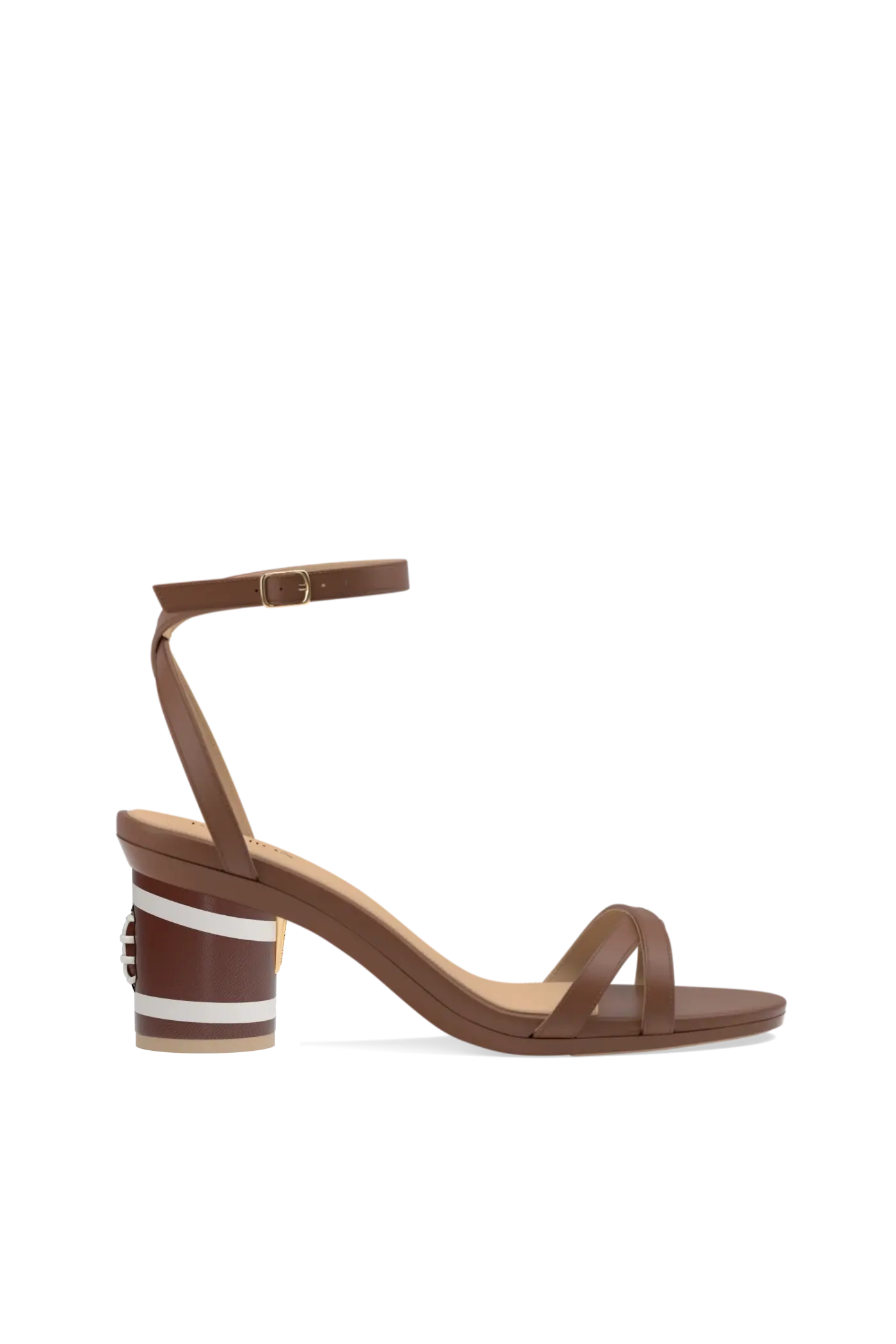 brown open toe strappy sandal with a football pebble leather block heel