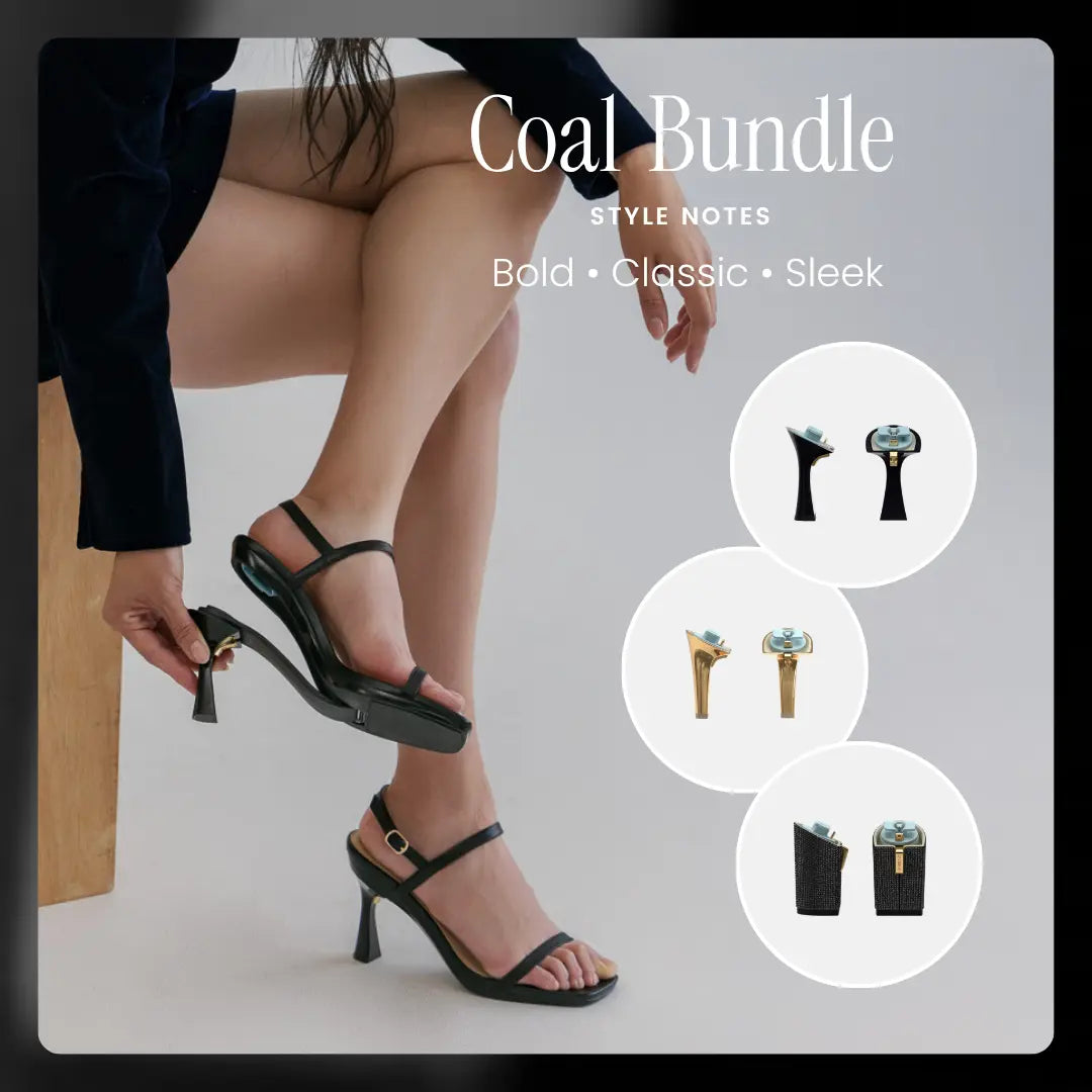 person wearing black convertible heel sandals, surrounded by 'Coal Bundle' and convertible heels