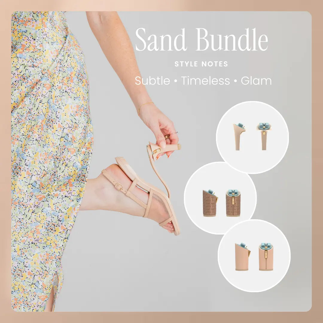 Beige convertible heel mule worn with floral dress, surrounded by 'sand Bundle' and convertible heels