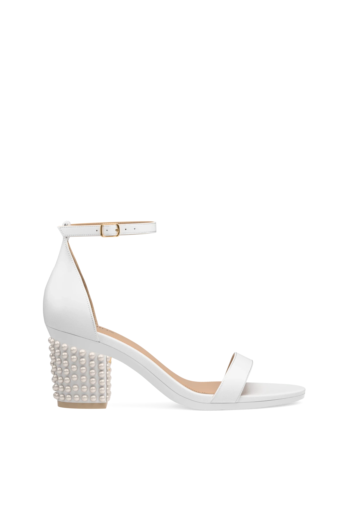 White sandal block heel with pearl embellishments on a white background