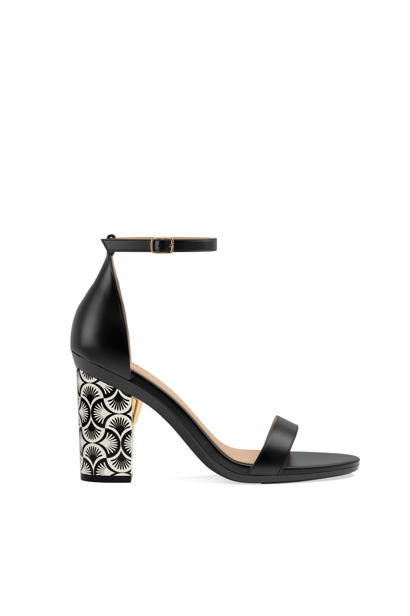 black open toe sandal with black and white deco print block heel