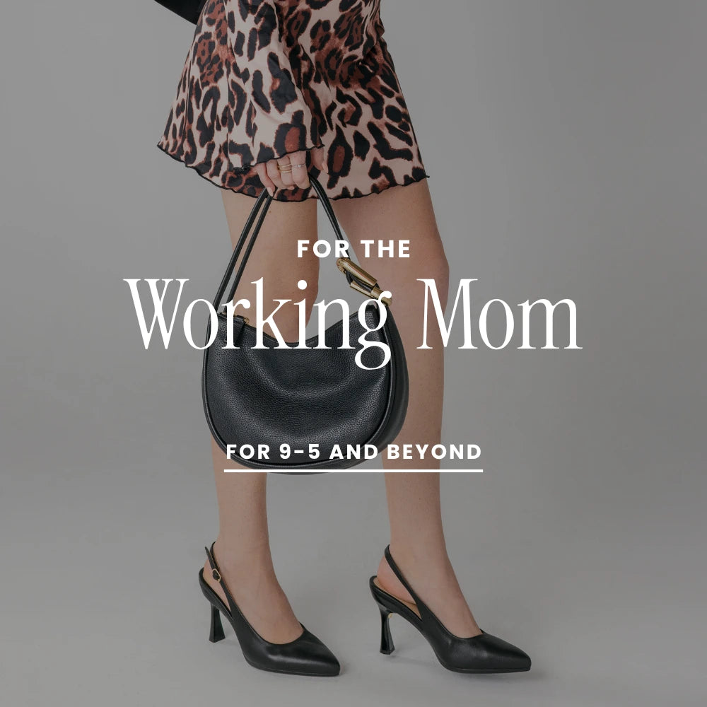 Person wearing leopard print shorts and black high heels with a black handbag, text 'For the Working Mom For 9-5 and Beyond' on gray background.