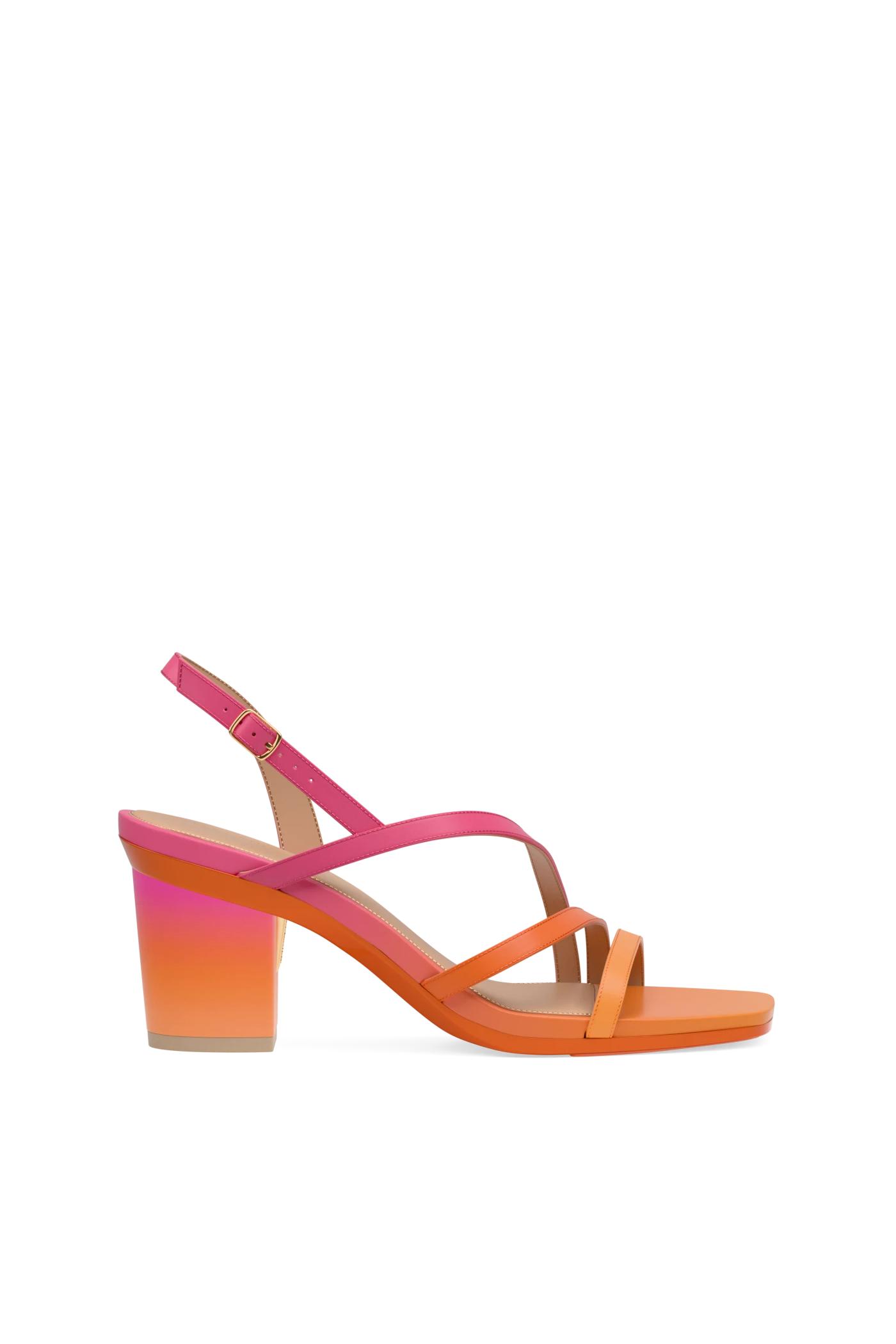 orange and pink ombre open toe strappy sandal with orange pink ombre block heel