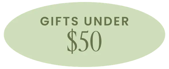 Light green oval sign with ' GIFTS UNDER $50' text