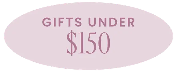 Pink oval sign with 'Gifts Under $150' text on a white background