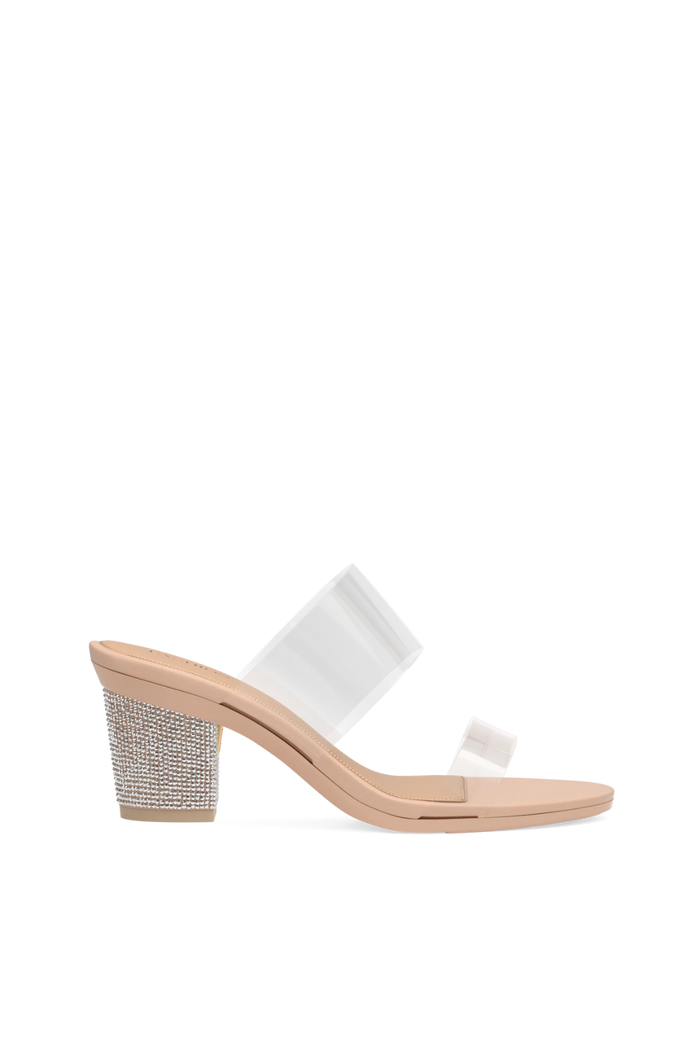 HIGH WEDGE PLATFORM IN ALMOND BEIGE CANVAS WITH DOUBLE CRYSTAL G BUCKLE