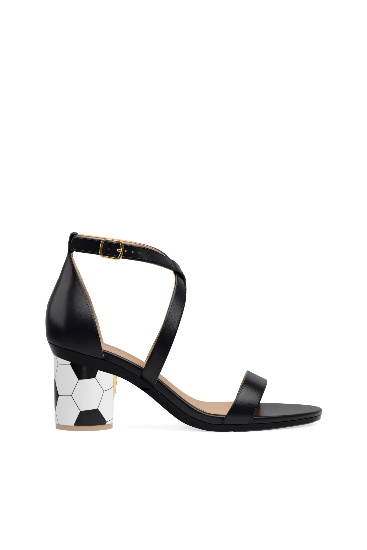 Black sandal with soccer ball block heel