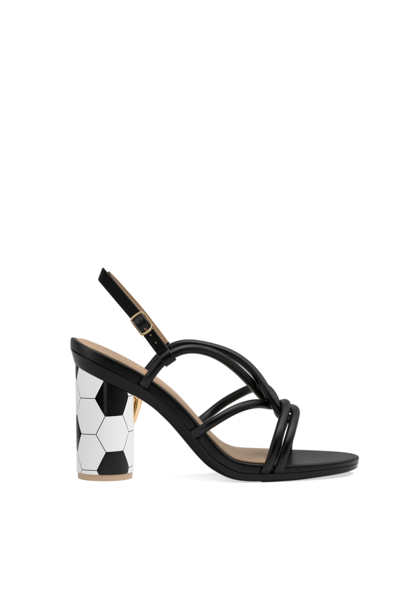 Black sandal with a soccer ball print leather block