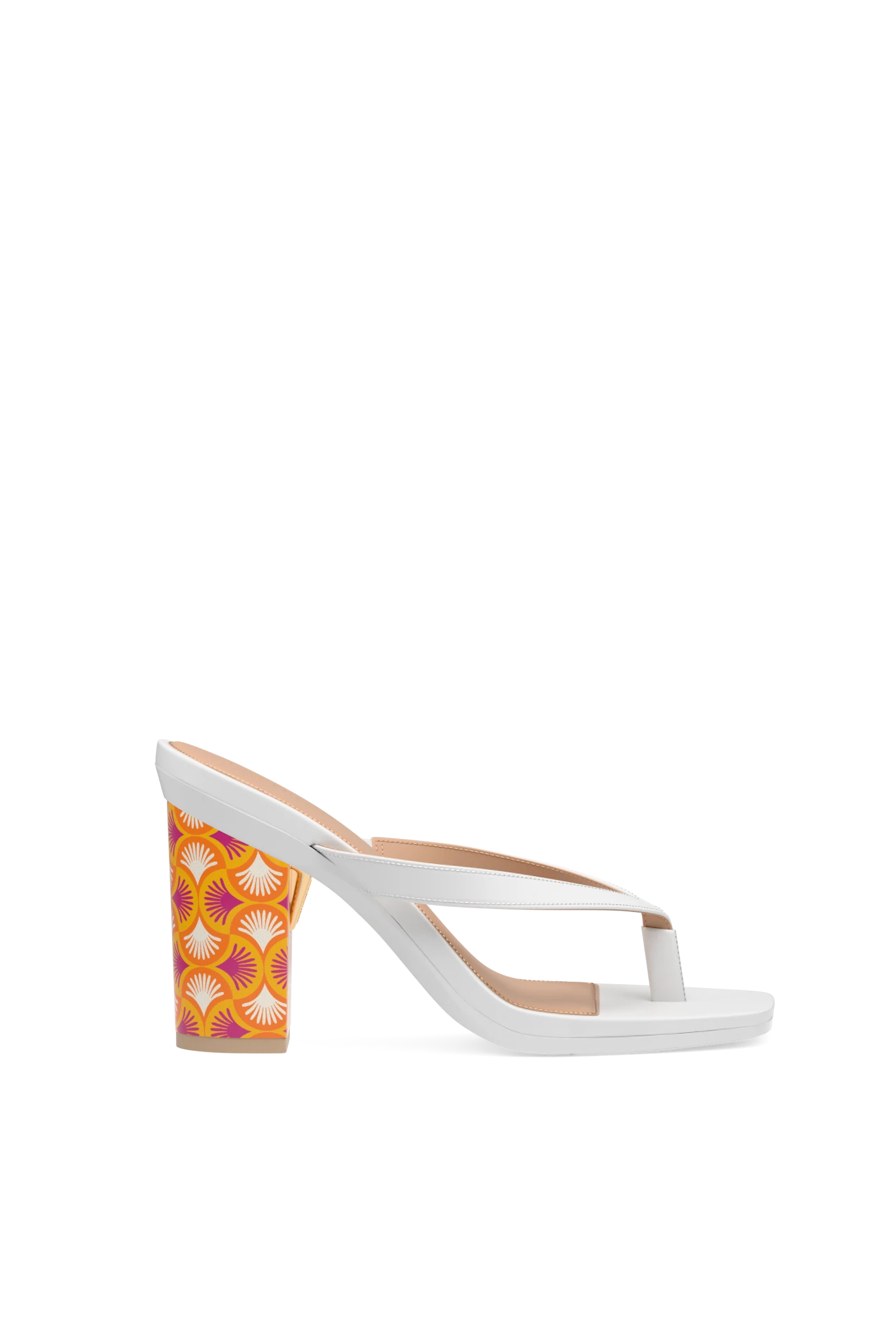 white open toe thong sandal with orange pink and white deco print block heel