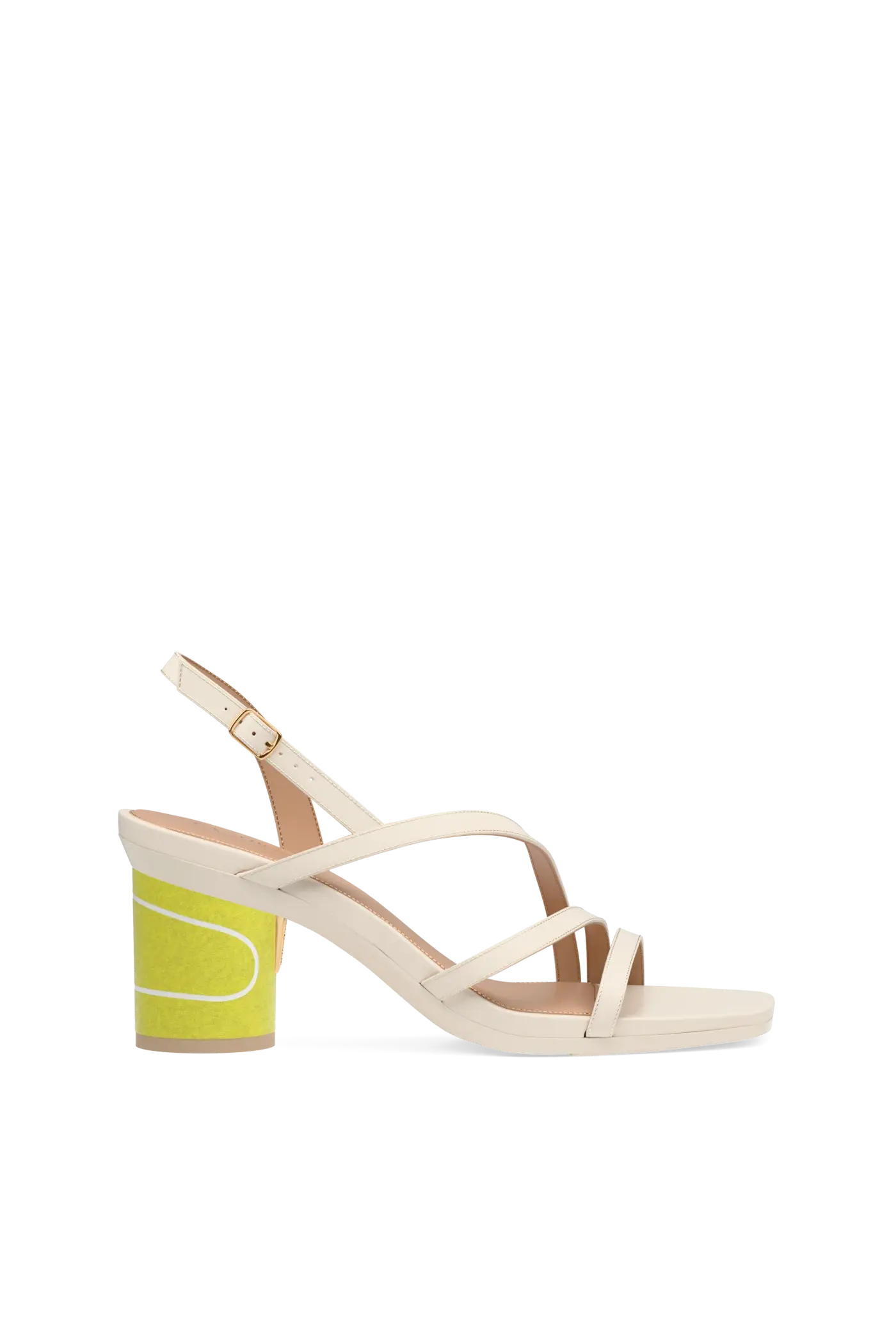 ivory open toe sandal with tennis ball yellow felt block