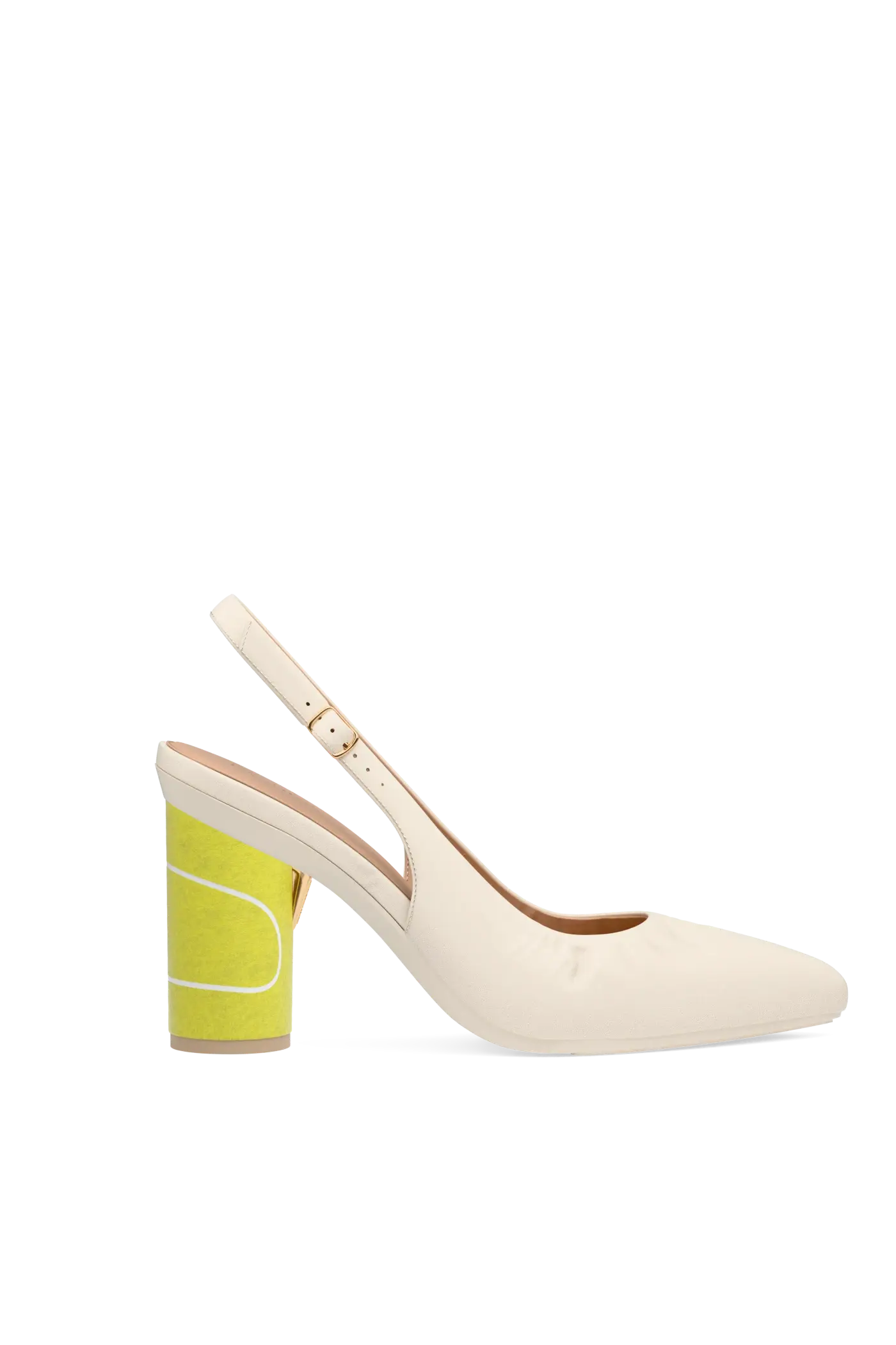 ivory leather slingback heel tennis ball yellow felt block