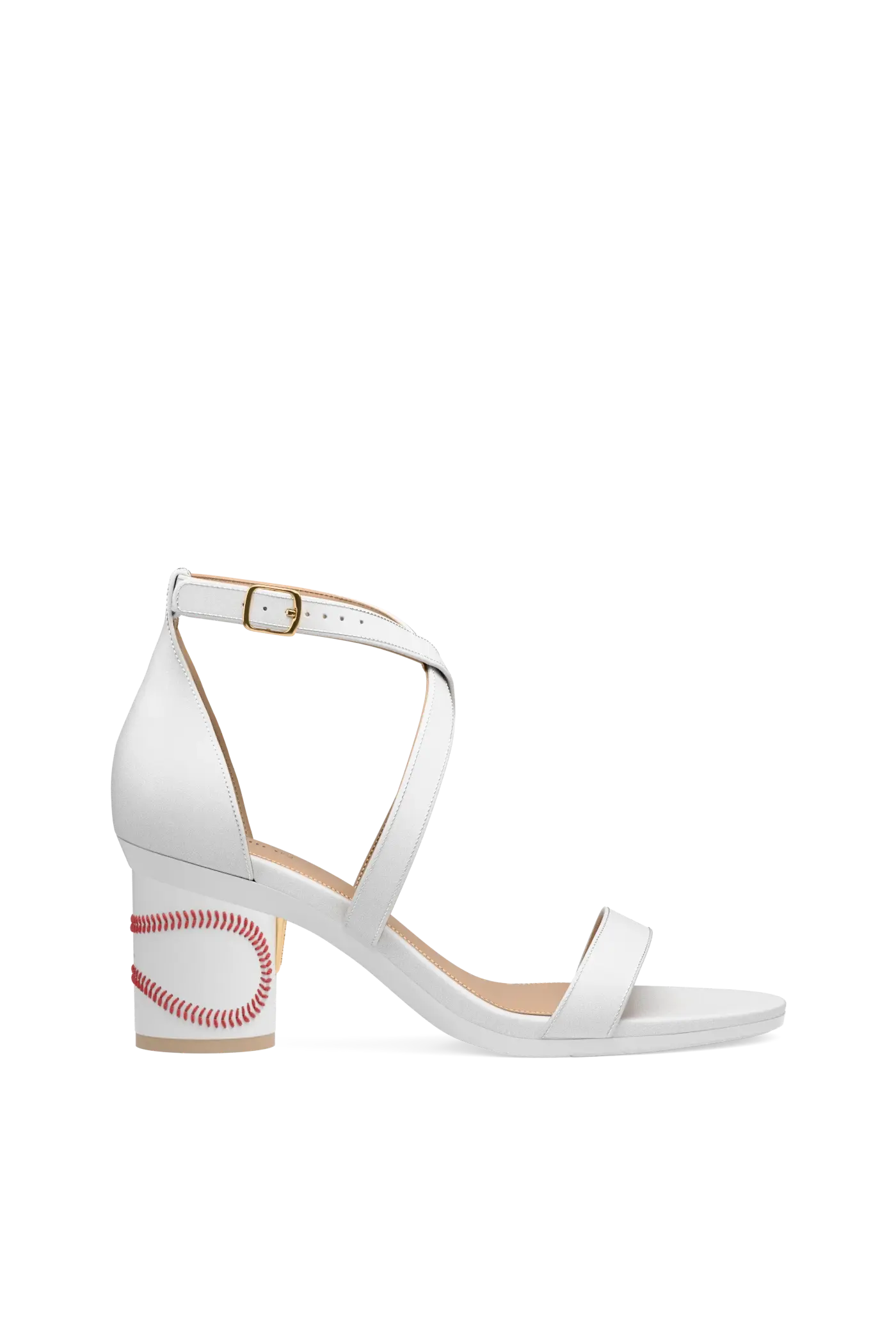 white leather strappy sandal high heel with a baseball stitching block heel